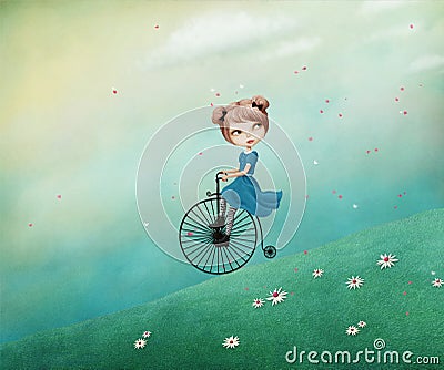 Girl on bike Cartoon Illustration