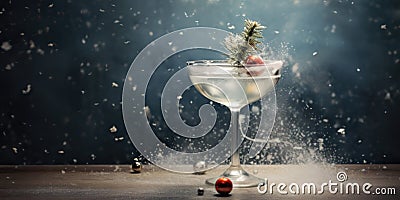 Magic first snow of the season cocktail, fancy enchanted sparkling silver falling snow style cocktail Stock Photo