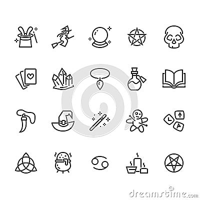 Magic flat line icons. Witch flying flying on broomstick, fortune teller, magician, wizard wand illustration. Wicca Vector Illustration