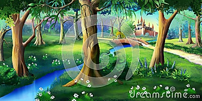 Magic Forest Around the Fairytale Castle Cartoon Illustration