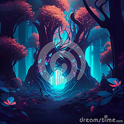 Magic forest in mysterious night light. Generative AI illustration. Stock Photo