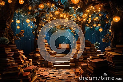 Magic forest with old books and light bulbs. 3D rendering, Enter a whimsical literary wonderland, where floating books create Stock Photo