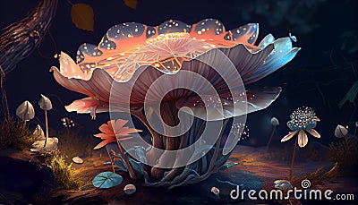 Magic Forest Plant Scene. Floral Organic Mushrooms and Flowers View Digital AI Generated Illustration Stock Photo