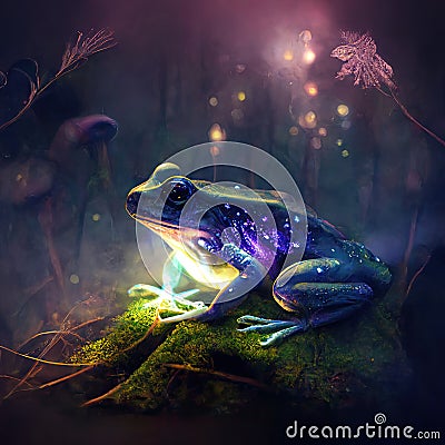.A magic frog in a dark misty forest with dramatic phantasmal iridescent lighting, ai generated Stock Photo