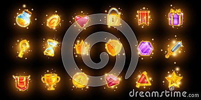 Magic game icon set, mobile casino app UI collection, golden reward trophy kit, glowing crown. Vector Illustration