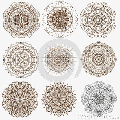 Magic geometry signs collection. Set of ornate mandala symbols. The circular pattern. Stock Photo