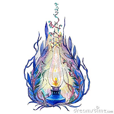Magic glow. Elegant antique kerasin lamp. Watercolor illustration, handmade. Cartoon Illustration