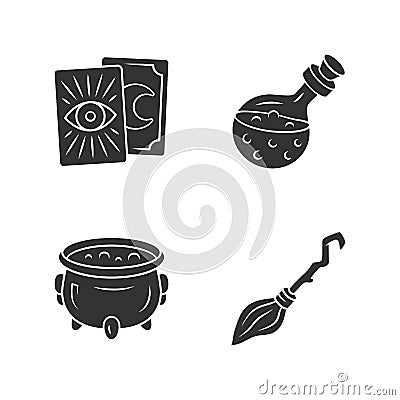 Magic glyph icons set. Tarot cards, potion, witch cauldron and broomstick. Witchcraft and sorcery Halloween items Vector Illustration