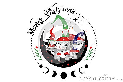 Magic Gnomes in the mystical woods of mushrooms on crescent moon and stars. Merry Christmas concept symbol Vector Illustration