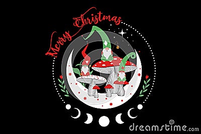 Magic Gnomes in the mystical woods of mushrooms on crescent moon and stars Christmas concept symbol, moon phases Vector Illustration