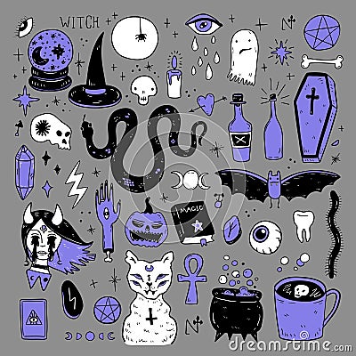 Magic Halloween objects. Hand drawn colored vector set. Vector Illustration