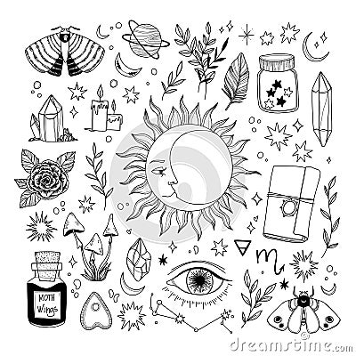 Magic hand drawn vector illustration of crystal, star, sun, moth, eye, flower, mushroom. Universe line drawings. Solar system and Vector Illustration