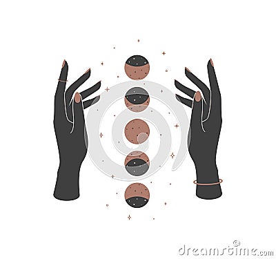 Magic hands with new moon phases in boho retro style. Crescent icon design template for cosmetics and packaging branding Vector Illustration