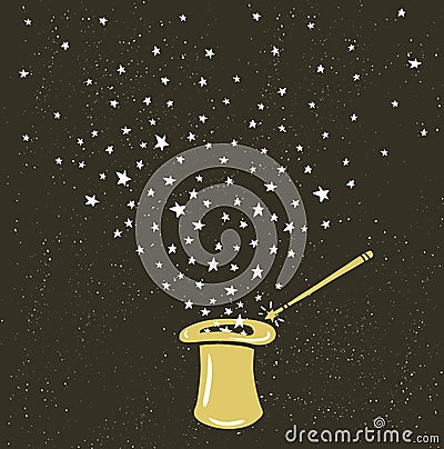 Magic Hat Background with stars dust and magic wand. Vector Illustration