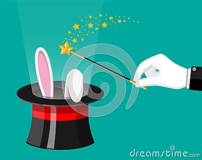 Magic hat with easter bunny ears and wizard wand. Vector Illustration