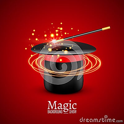 Magic Hat with Magic wand. Vector Magician perfomance. Wizzard show background Vector Illustration