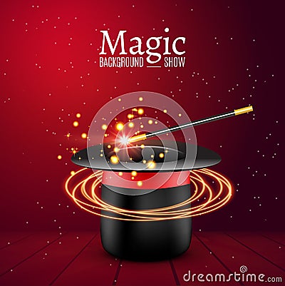 Magic Hat with Magic wand. Vector Magician perfomance. Wizzard show background Vector Illustration