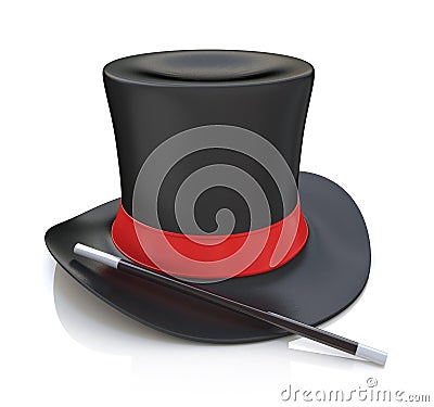 Magic hat and wand, 3D render isolated on white background Stock Photo