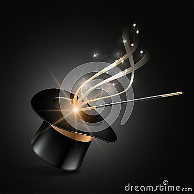 Magic hat and wand with magical gold sparkle trail Vector Illustration