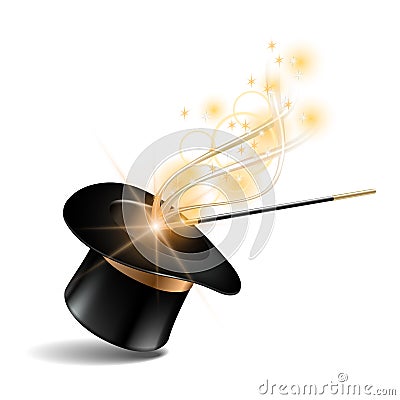 Magic hat and wand with magical gold sparkle trail Vector Illustration