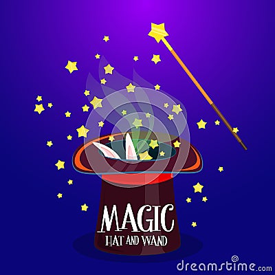 Magic hat with wand for magician trick Vector Illustration