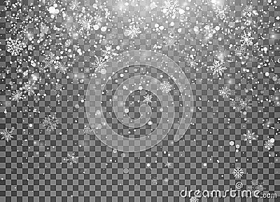 Magic holiday snowfall template. Christmas snow. Falling snowflakes on transparent background. Xmas holiday background. Vector Vector Illustration