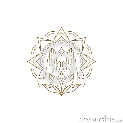 Magic human arms elegant lotus flower meditation esoteric decorative design line art icon vector Vector Illustration