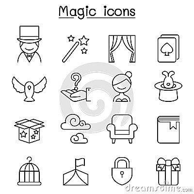 Magic icon set in thin line style Vector Illustration