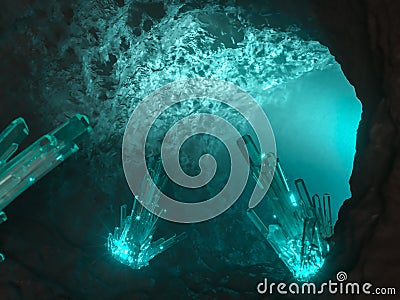 Magic illuminated cave with crystal inside. 3d render Cartoon Illustration