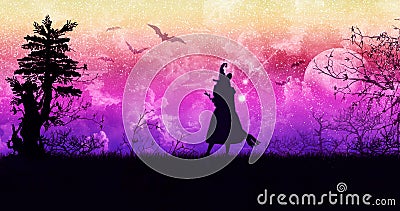 Magic illustration with colorful sky and moon, a fabulous bright landscape with bats and witch, a witchy night with female silhoue Cartoon Illustration