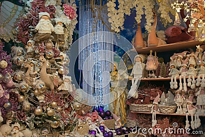 Magic interior of christmas shop with many decorations in Sant`Elpidio a Mare Editorial Stock Photo