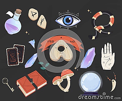 Mystic, esoteric and occult set - planchette, book, palmistry hand, crystal ball, bottle potion and tarot flat vector isolated. Vector Illustration