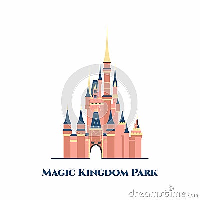 Magic Kingdom Park. It is a theme park at the Walt Disney World Resort in Bay Lake, Florida, near Orlando, Florida. Vector flat Vector Illustration