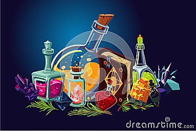 Magic lab with fantasy objects. Cartoon background with alchemy objects. Elixirs and beakers. Vector Illustration