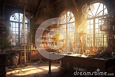 Magic laboratory with objects and experiments with huge windows. Generative AI Stock Photo