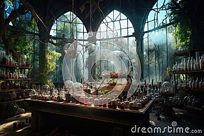 Magic laboratory with objects and experiments with huge windows. Generative AI Stock Photo