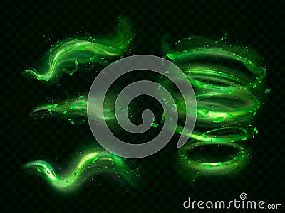 Magic leaf wind. Flying leaves natural effect with magical green glow energy, spiral flow swirl of fresh tea or mint Vector Illustration