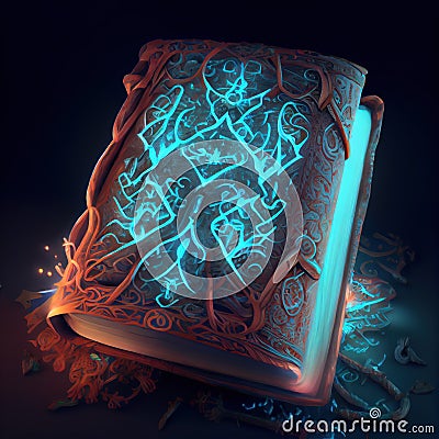 Generative AI: magic book of spells with signs in blue Stock Photo