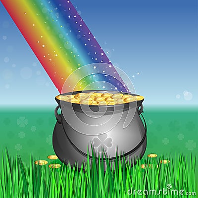 Magic leprechaun pot of gold at the base of the rainbow Vector Illustration