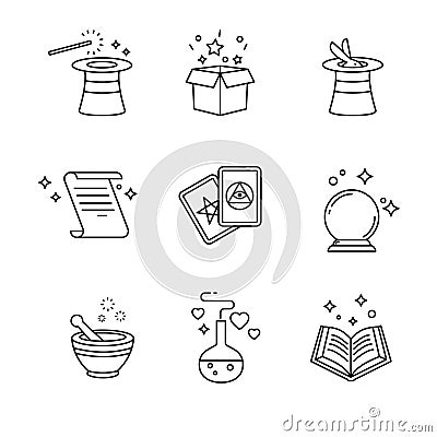 Magic and magician tools. Thin line art icons set Vector Illustration