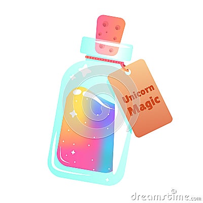 The magic mana of a unicorn. Rainbow liquid with star in the bottle Vector Illustration