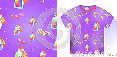The magic mana of a unicorn seamless pattern. Rainbow liquid with star in the bottle Vector Illustration