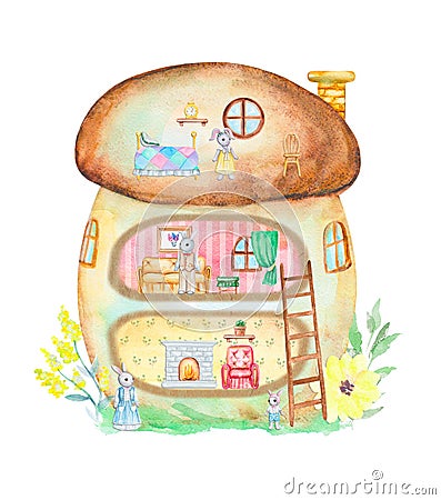 Magic mashroom house with furniture in the forest Cartoon Illustration