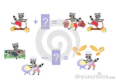 Magic math with cute raccoons. Educational game for children. Ca Vector Illustration