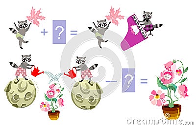 Magic math with cute raccoons. Educational game for children. Vector Illustration
