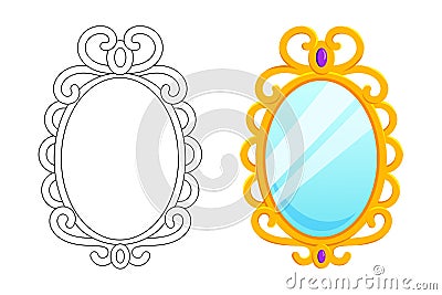 Magic mirror in cartoon style, vector illustration. Oval gold frame for game design. Fairy vintage mirror wich purple Vector Illustration