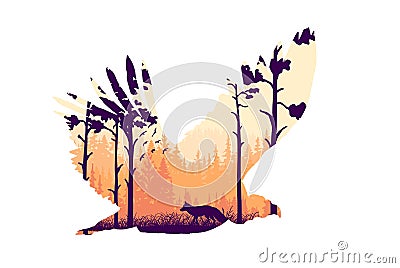 Magic misty forest in silhouette of vulture predator. Trees,fox on meadow in grass, birds. Orange and violet wild landscape. Vector Illustration