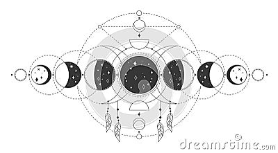 Magic moon phases, mystical sacred lunar phase. Occult astrology tattoo drawing with esoteric geometric elements vector Vector Illustration