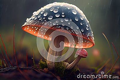 magic mushroom covered in dew after the morning rain Stock Photo