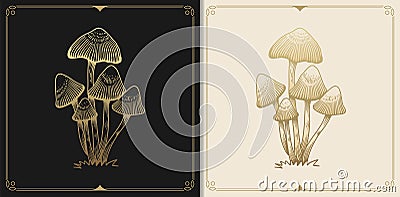 With Magic mushroom engraving, hand drawn, luxury, celestial, esoteric, boho style, fit for spiritualist, religious, paranormal, Vector Illustration